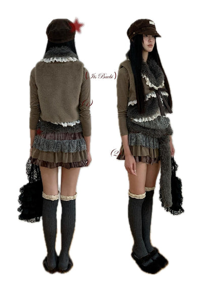 bae bi Hazelnut Cocoa Lace Trim Bow Faux Two Piece Women&