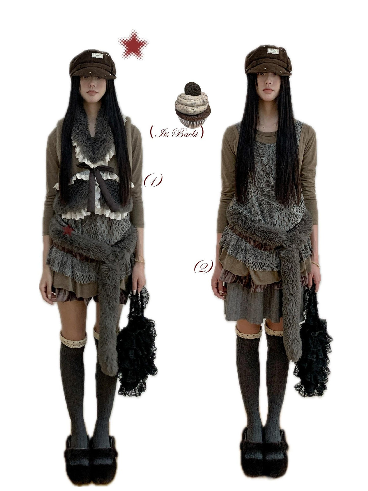 bae bi Hazelnut Cocoa Lace Trim Bow Faux Two Piece Women&