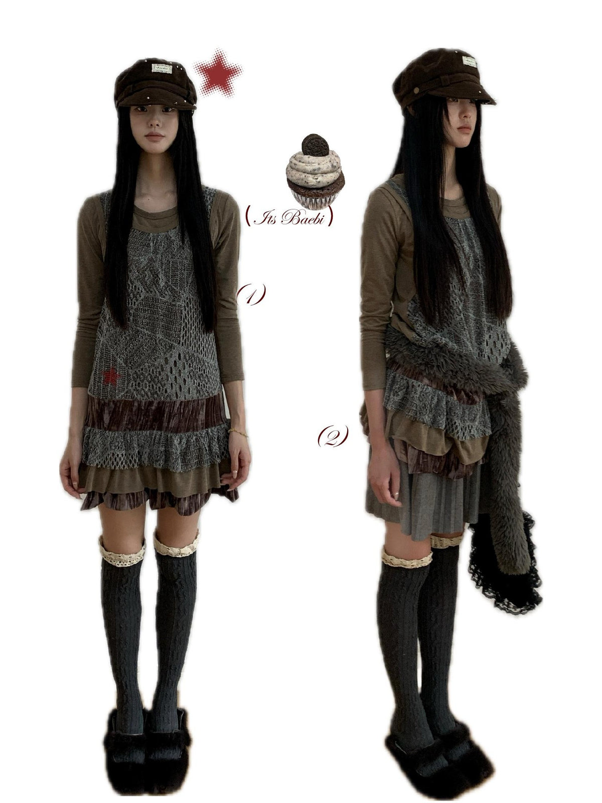 bae bi Hazelnut Cocoa Lace Trim Bow Faux Two Piece Women&