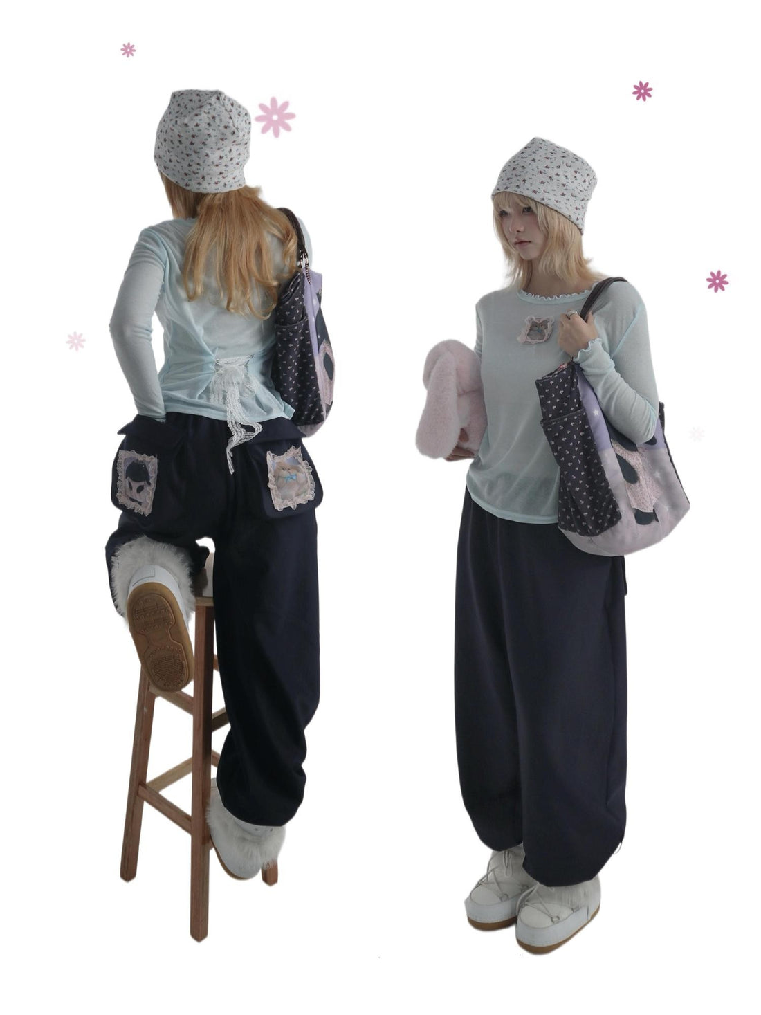 bae bi Lace Rabbit Printed 3d Pocket Sport Retro Women&