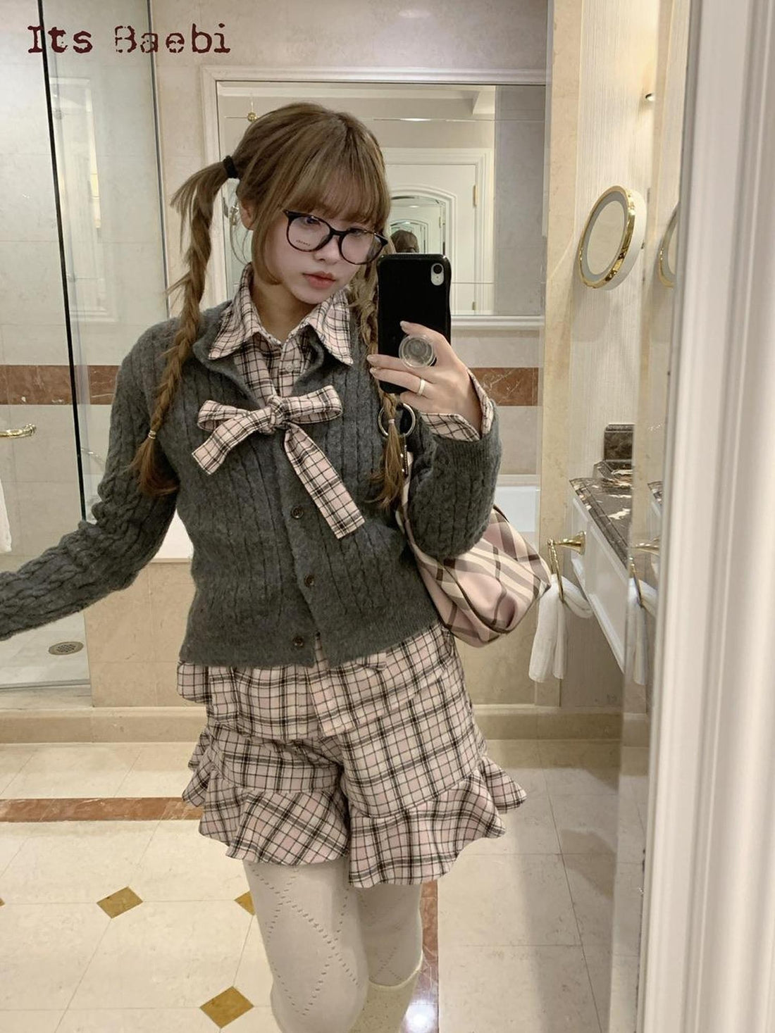 bae bi Pink Plaid Bow Tie Knit Collared Women&