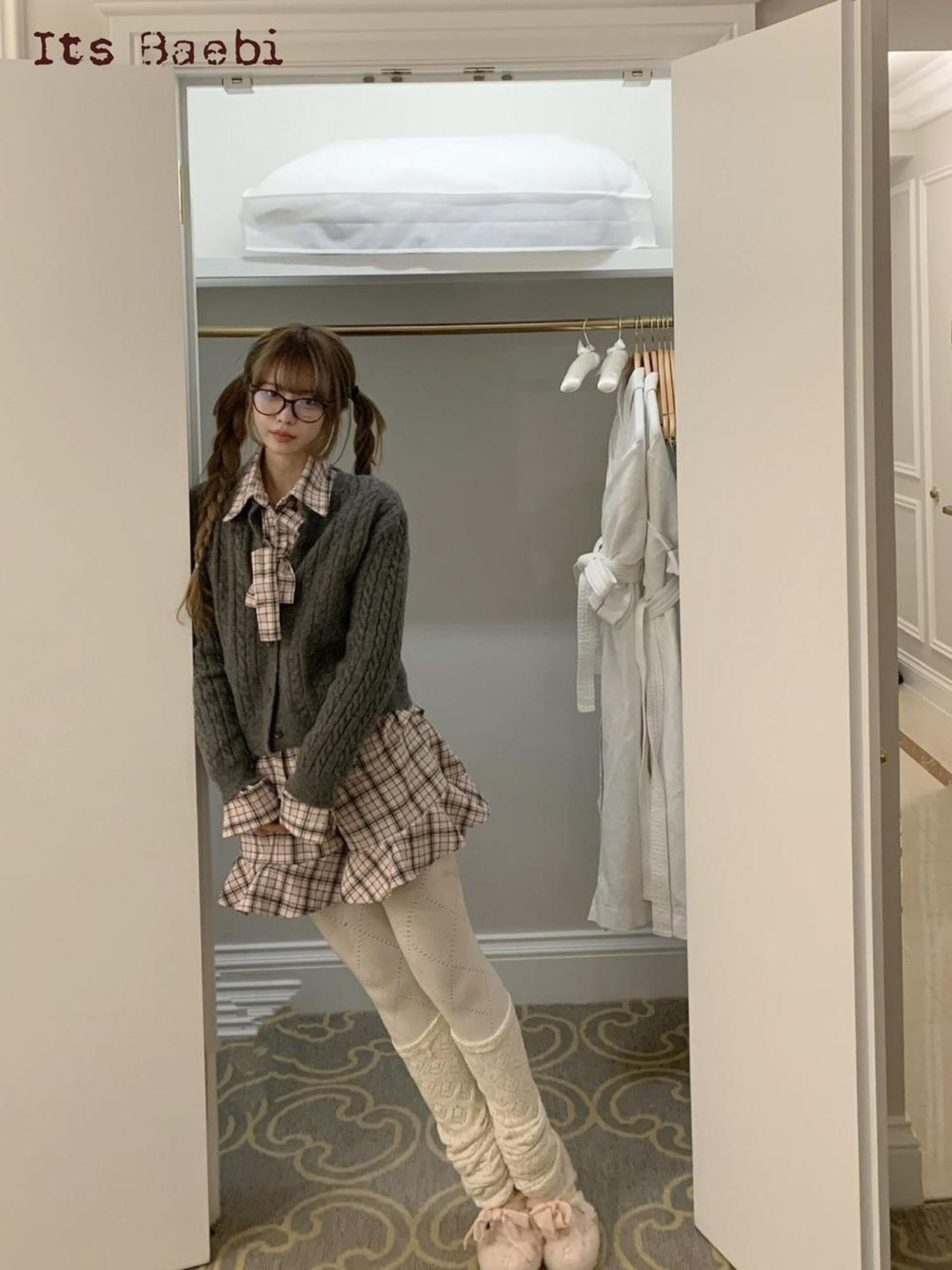 bae bi Pink Plaid Bow Tie Knit Collared Women&