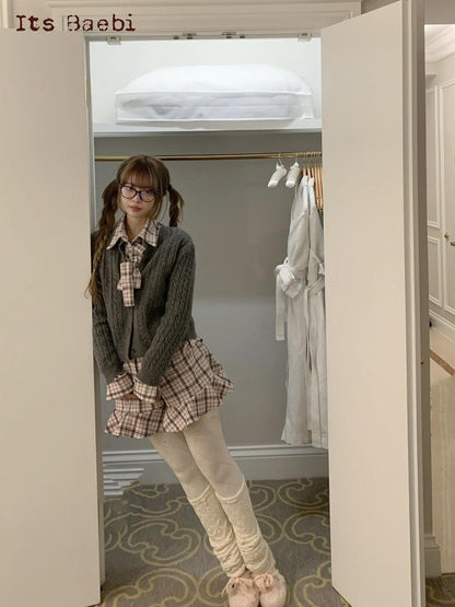 bae bi Pink Plaid Bow Tie Knit Collared Women&