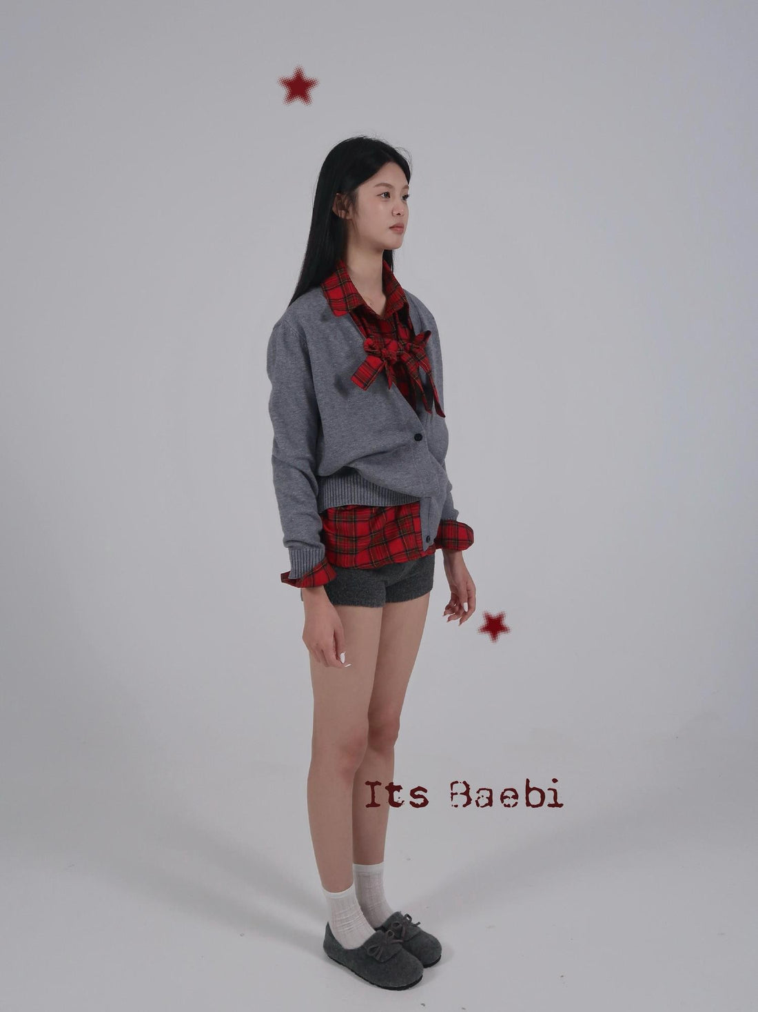bae bi Plaid Bow Tie Knitted Cardigan Two Piece Women&