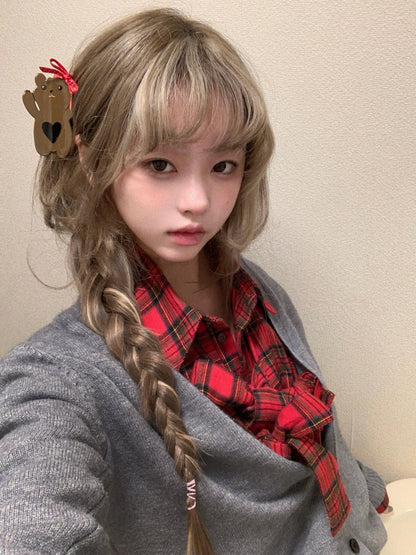 bae bi Plaid Bow Tie Knitted Cardigan Two Piece Women&