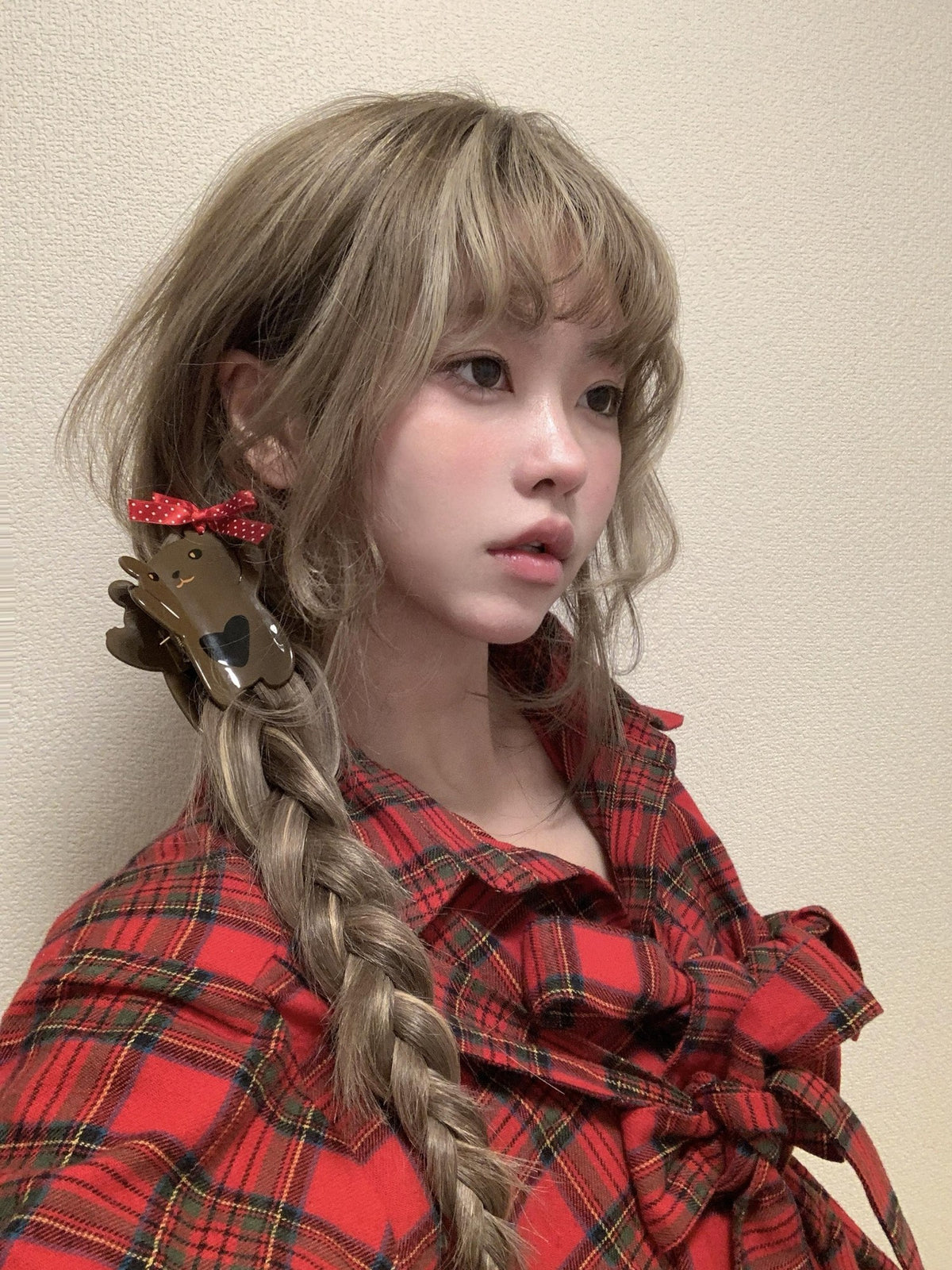 bae bi Plaid Bow Tie Knitted Cardigan Two Piece Women&