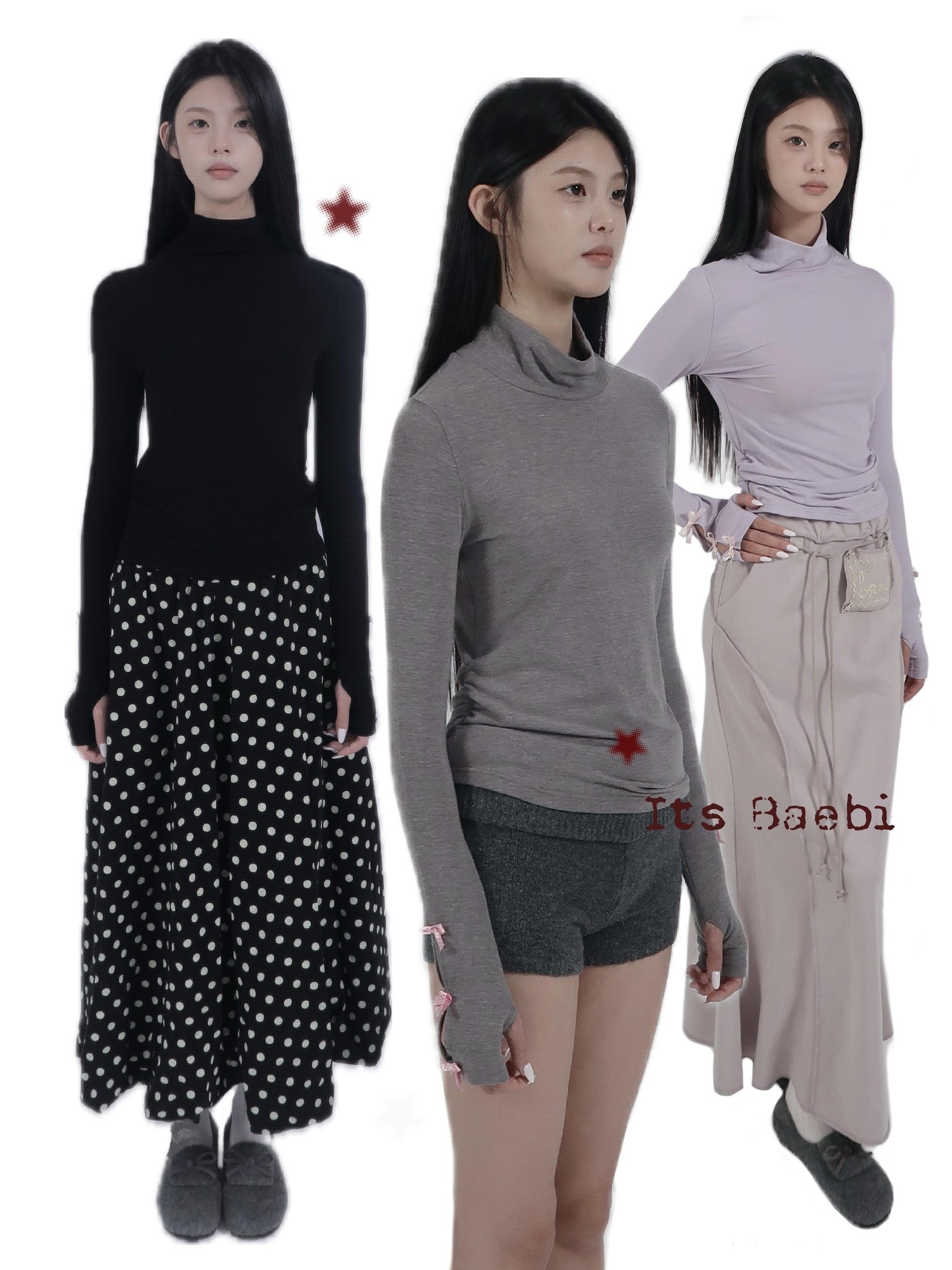 bae bi Polka Dot Bow High Neck Elastic Cuff Women&