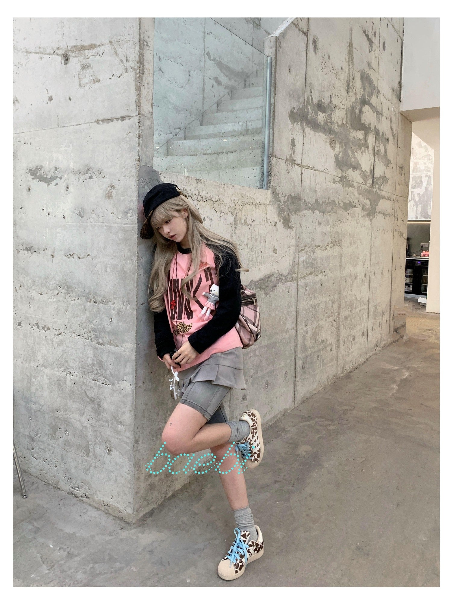 bae bi Retro Letter Leopard Print Raglan Colorblock Women&