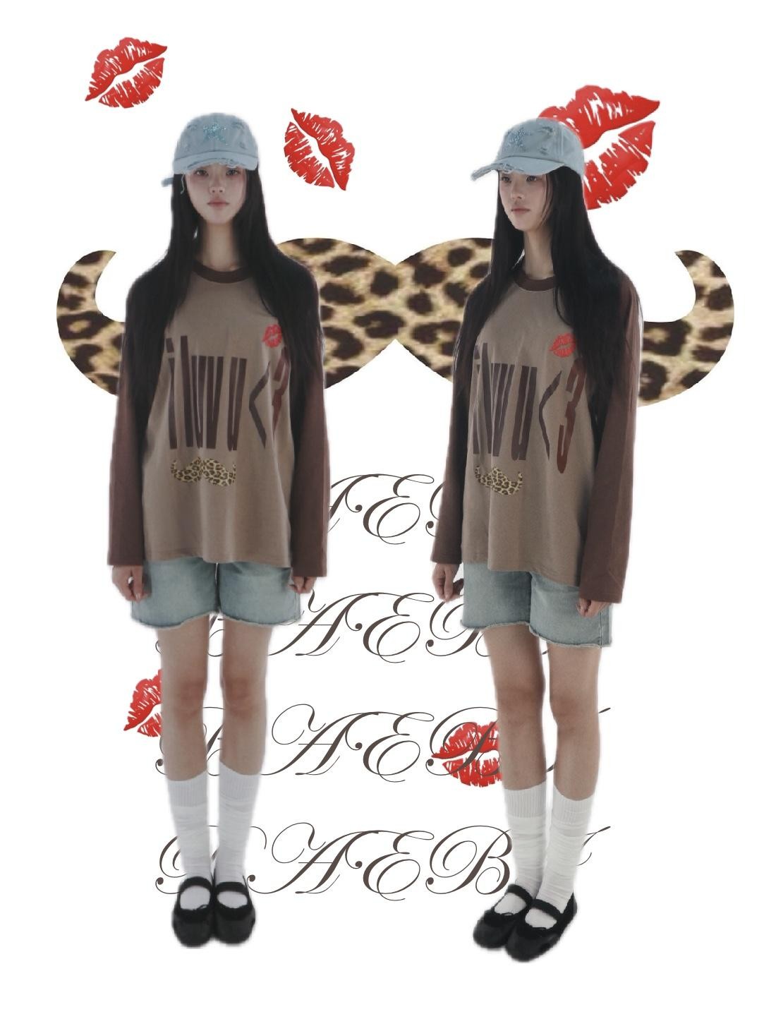 bae bi Retro Letter Leopard Print Raglan Colorblock Women&