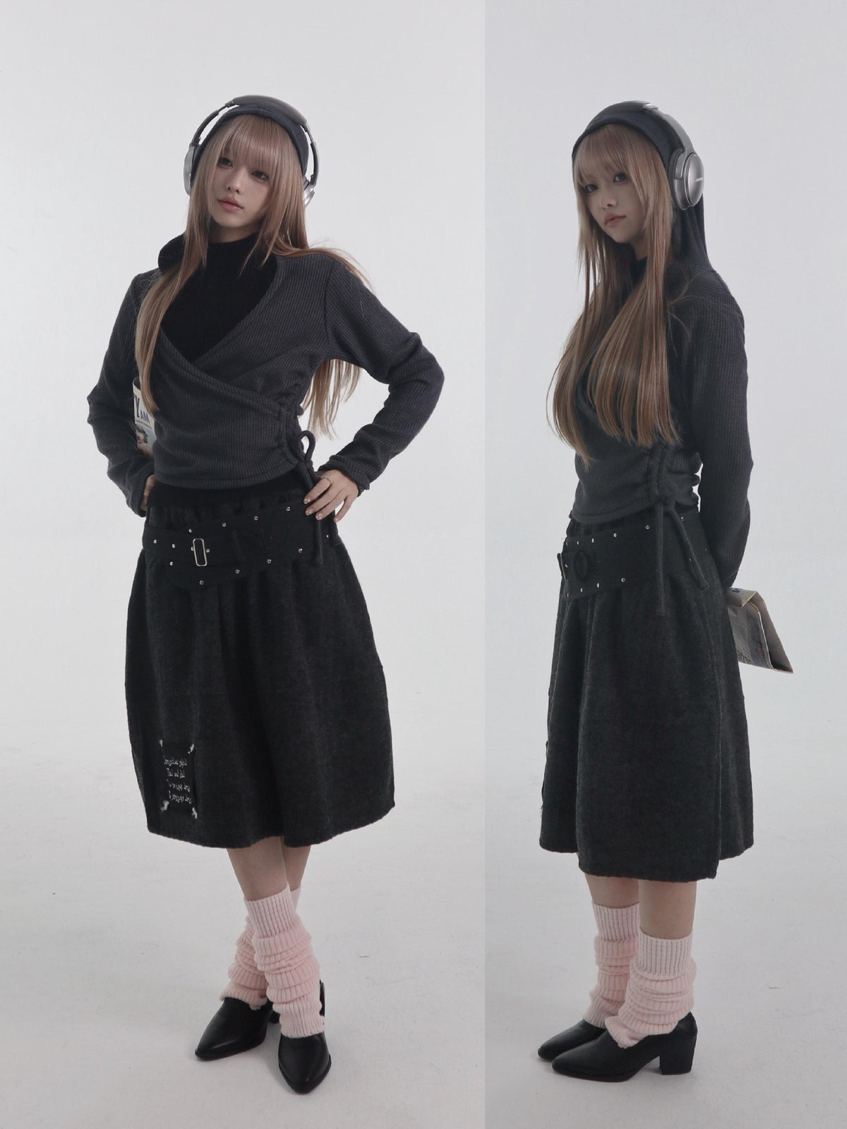 bae bi Ribbed Hooded Cross Neck Wool Blend Women&