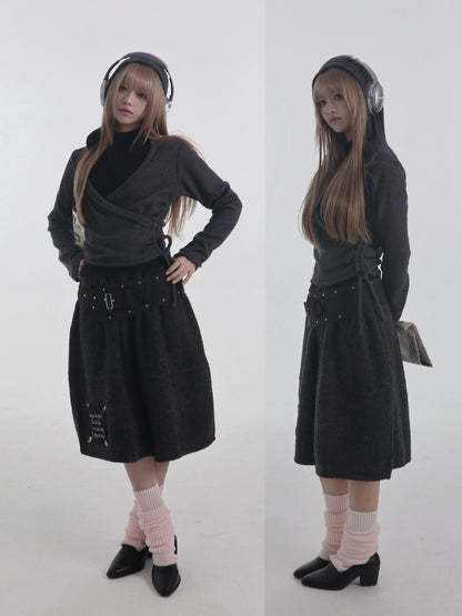 bae bi Ribbed Hooded Cross Neck Wool Blend Women&