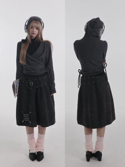 bae bi Ribbed Hooded Cross Neck Wool Blend Women&