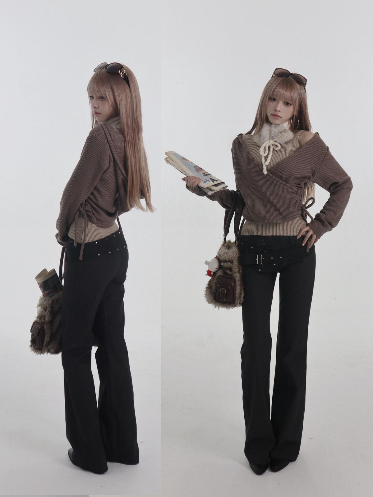 bae bi Ribbed Hooded Cross Neck Wool Blend Women&