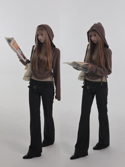 bae bi Ribbed Hooded Cross Neck Wool Blend Women&