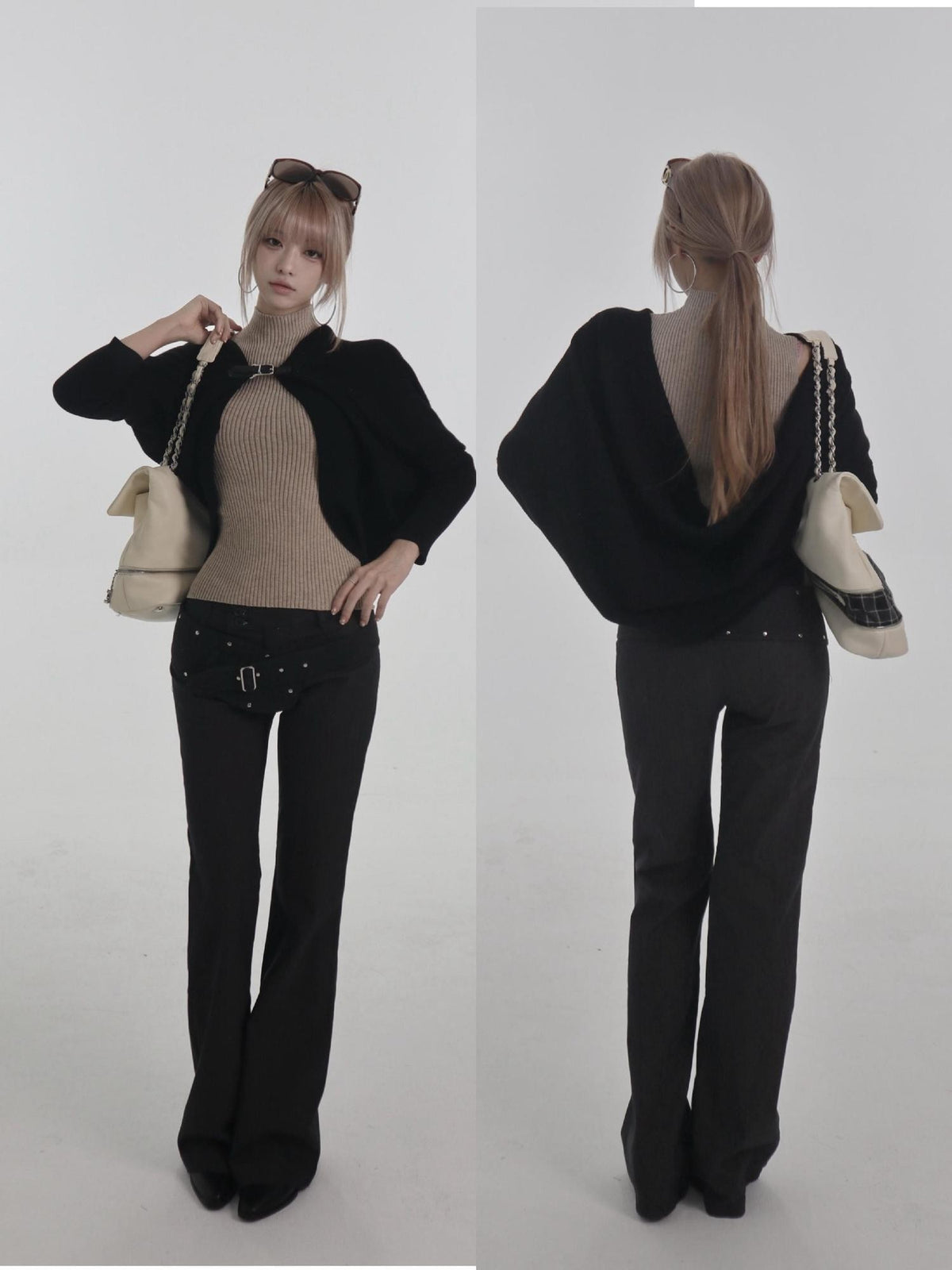 bae bi Ribbed Knit Batwing Sleeve One Button Lazy Cardigan Women&