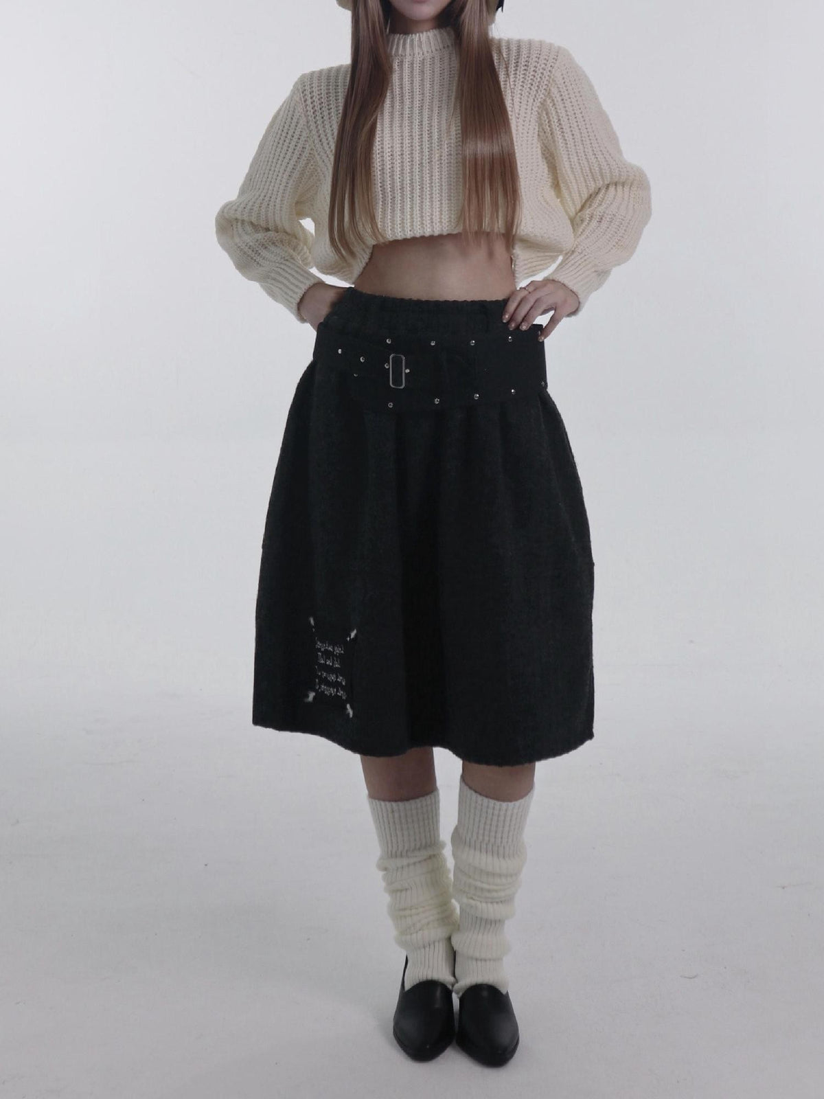 bae bi Ribbed Puff Sleeve Cropped Chunky Knit Wool Blend Women&