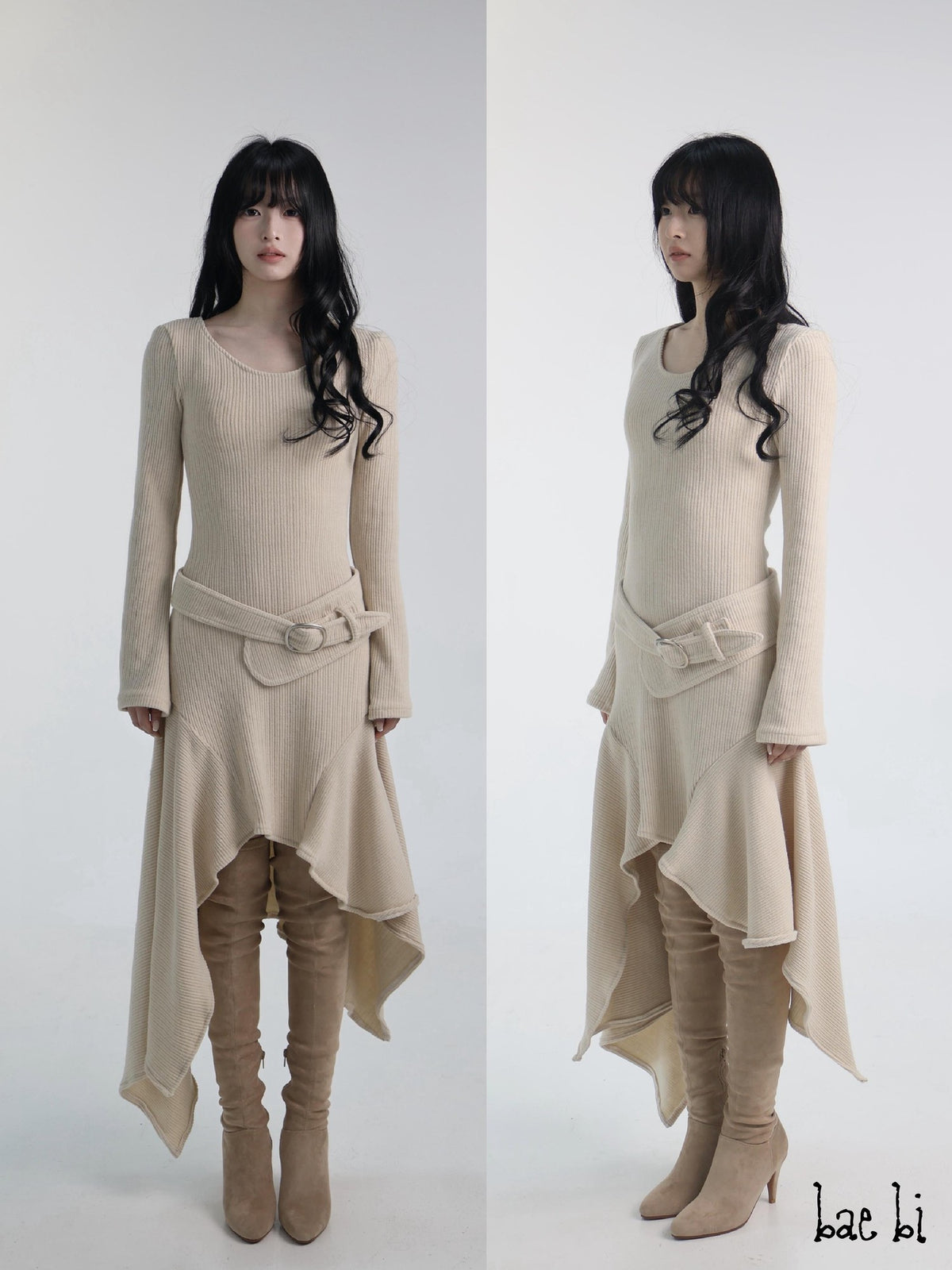 bae bi Ribbed Stripe Asymmetric Hem Long Sleeve Flared Cuff Women&