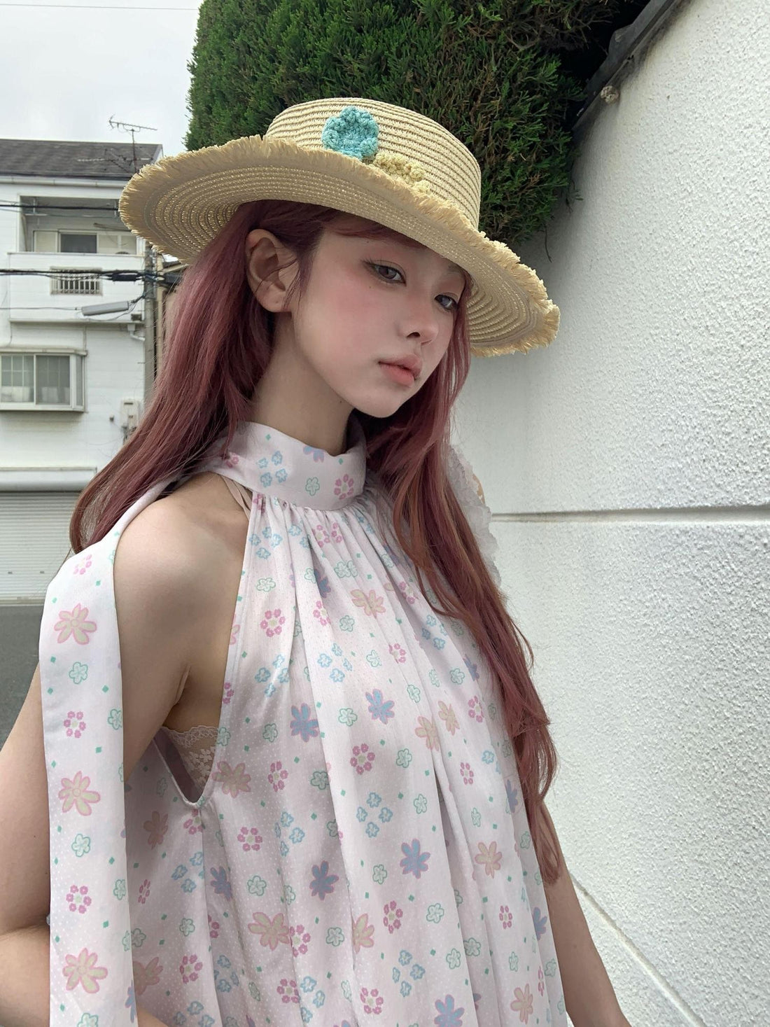 bae bi Small Floral Print Silk Sheen Halter Neck Women&