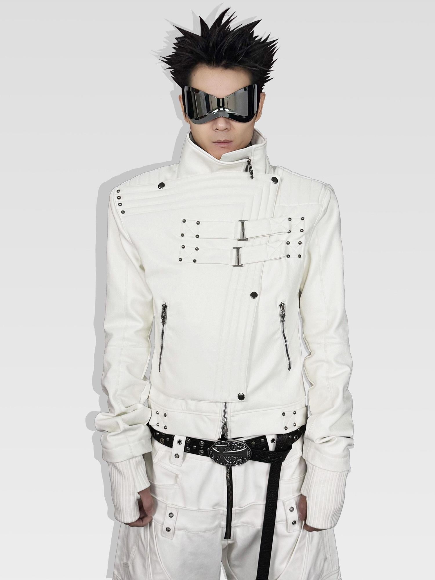 ATAnothingness Windproof Pu Cropped Zip Long Sleeve Silver Moon White Leather Jackets
