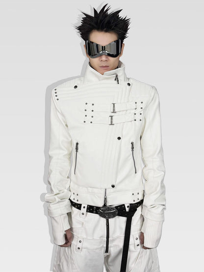 ATAnothingness Windproof Pu Cropped Zip Long Sleeve Silver Moon White Leather Jackets