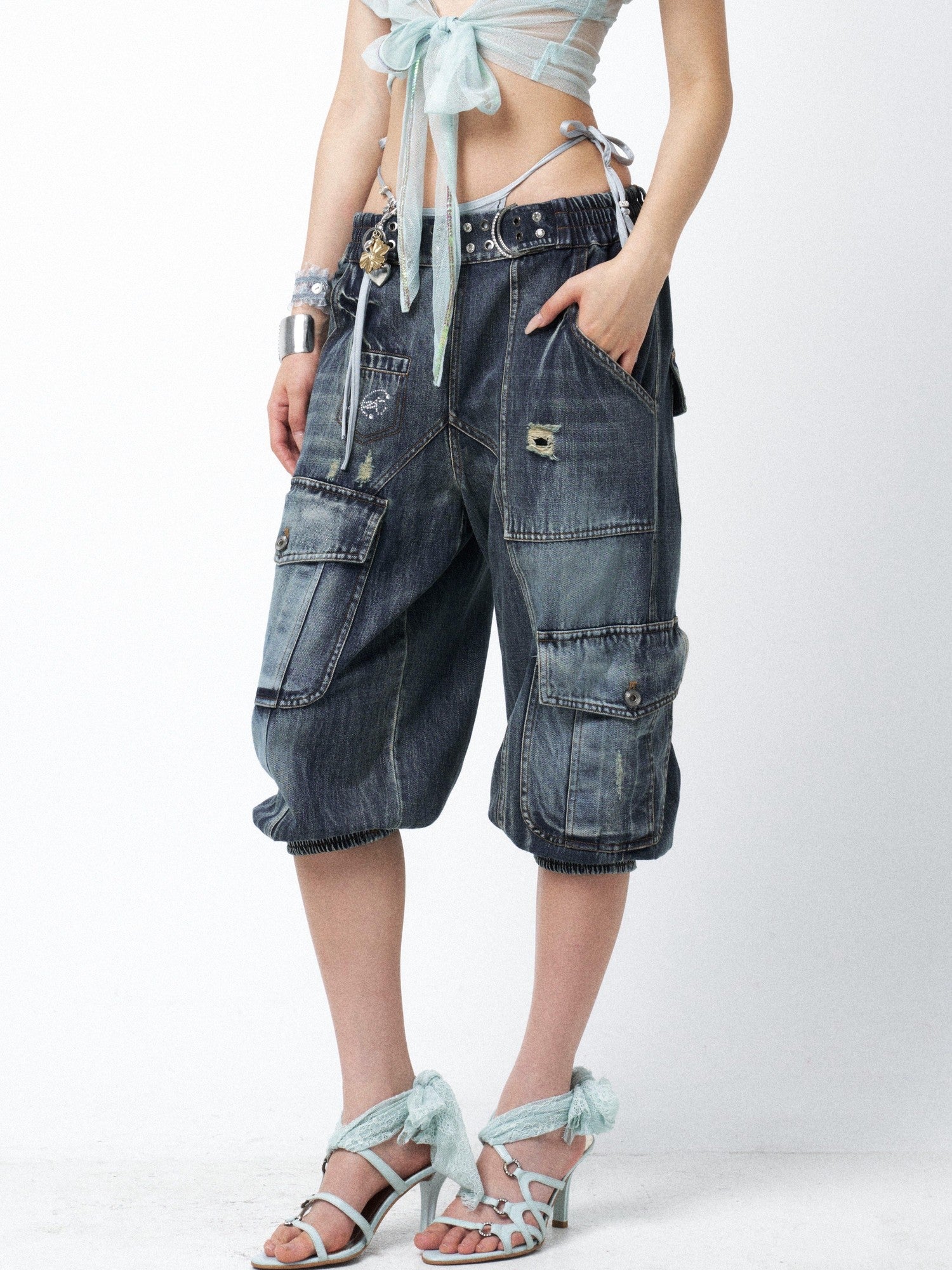 OPEN AESTHETIC Waterwashed Distressed Rhinestone Women&