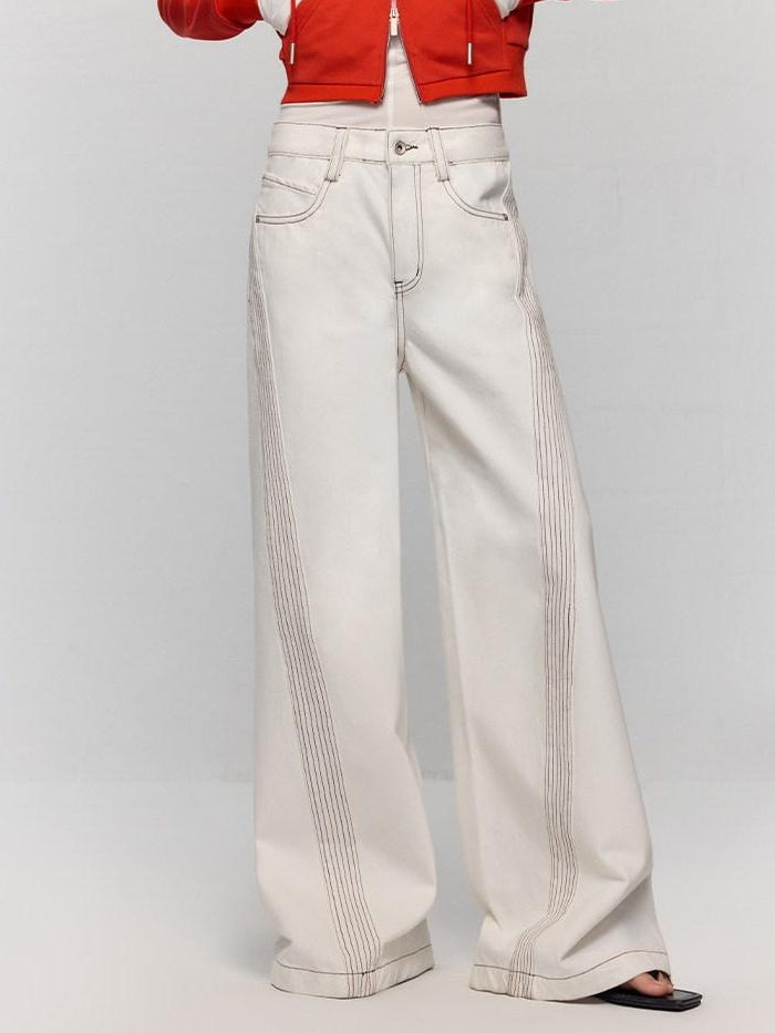 RUN TO THE FUTURE Casual Colorblock Loose Natural Waist Washed Denim High Cotton Wide-Leg Jeans