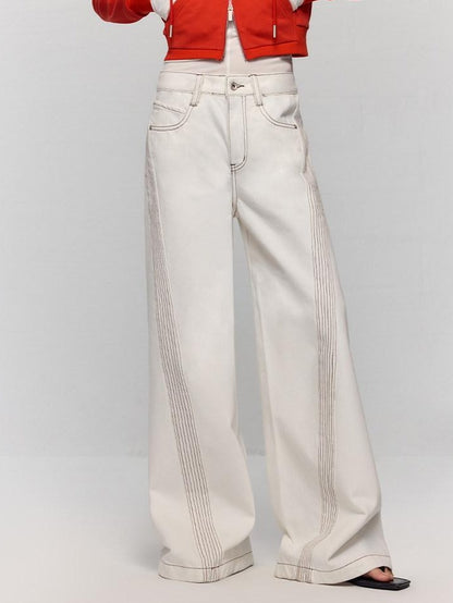 RUN TO THE FUTURE Casual Colorblock Loose Natural Waist Washed Denim High Cotton Wide-Leg Jeans