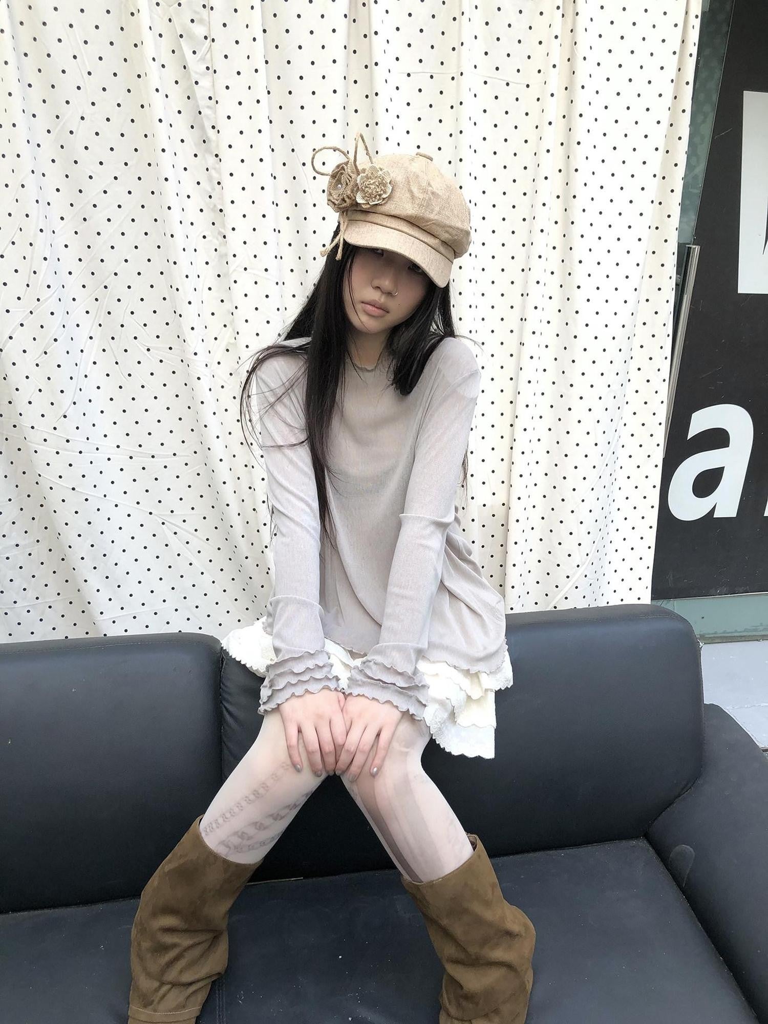 ang project Mocha Sheer Mesh Layered Ruffle Round Neck Women&