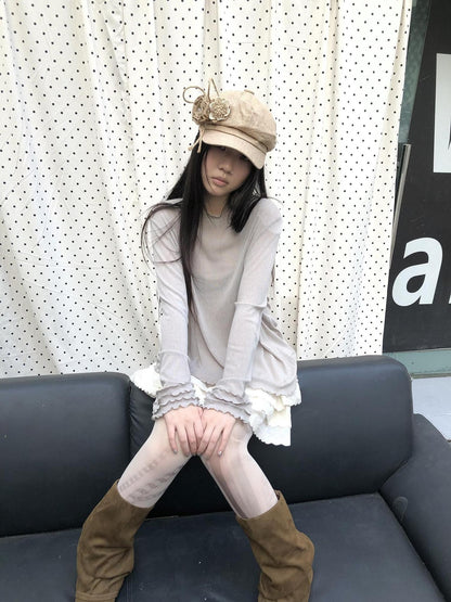 ang project Mocha Sheer Mesh Layered Ruffle Round Neck Women&