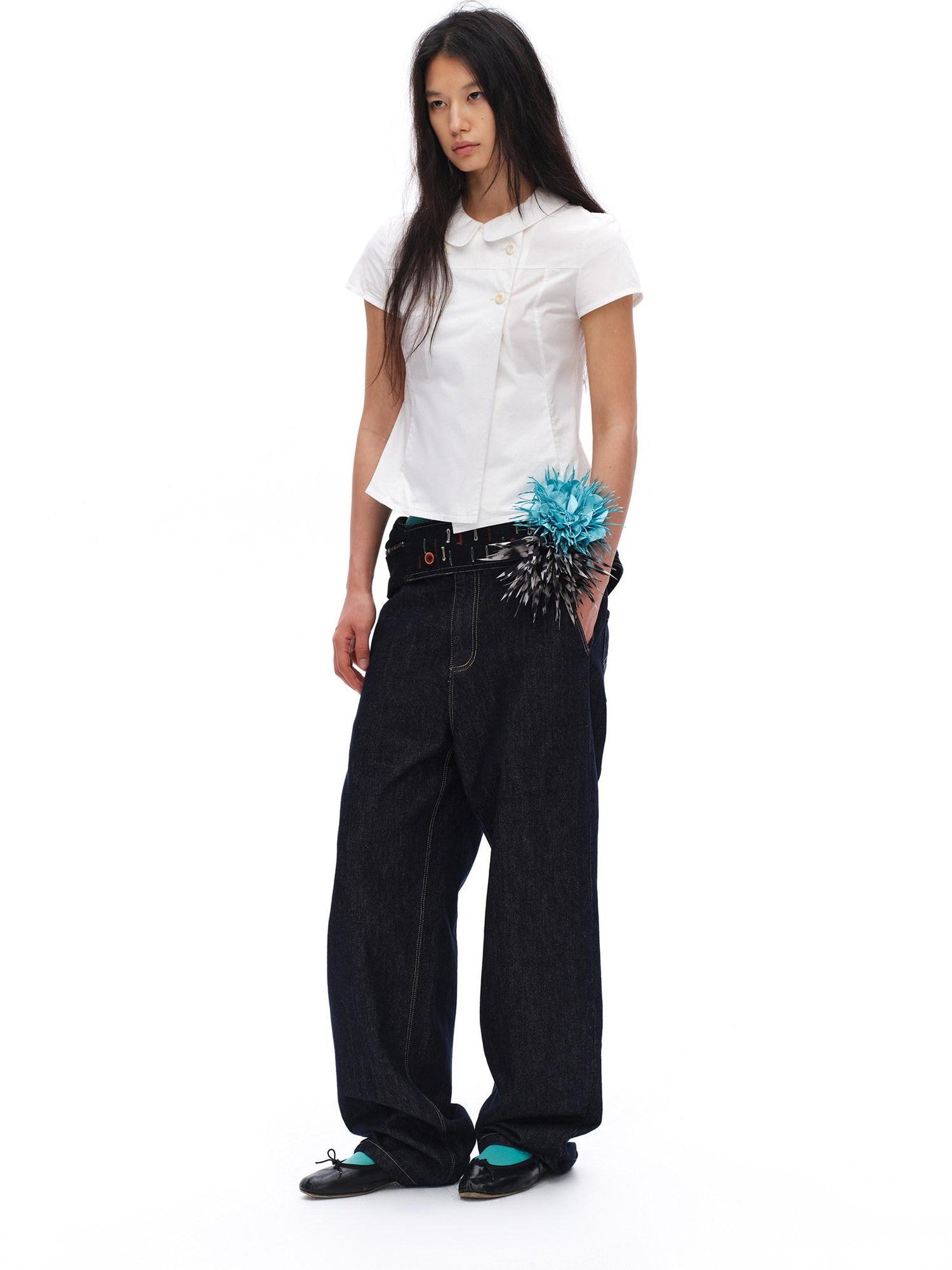 oinimi White Double Button Peter Pan Collar Slim Fit Short Sleeve Women&
