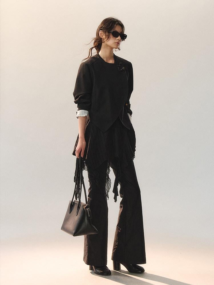 AnnoMundi Stretch Cotton Blend Slim Casual Natural Waist Women Black Straight Pants