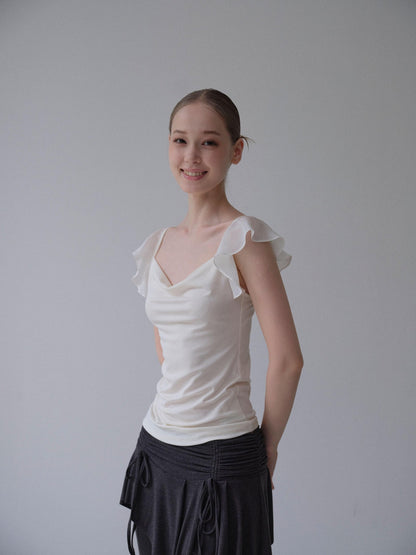 DKZ OFFICIAL Apricot Cowl Neck Slim Fit Mini Flutter Sleeve Women&
