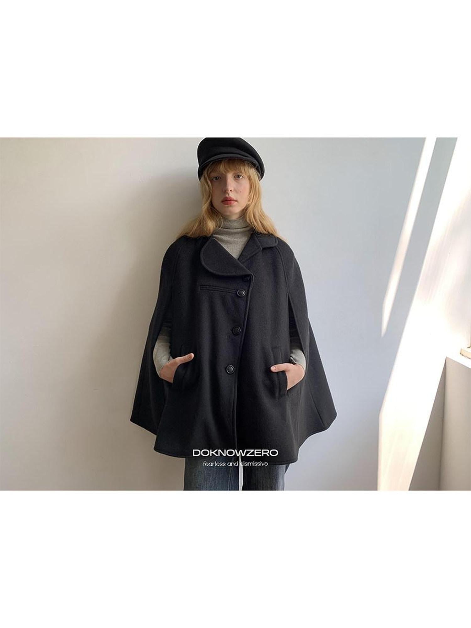 DKZ OFFICIAL Black Bud Collar Cape Double Breasted Women&