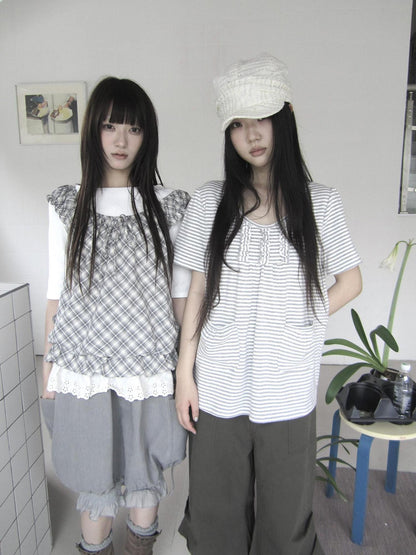 ang project Vintage Plaid Lace Trim Tie Patchwork Round Neck Women&