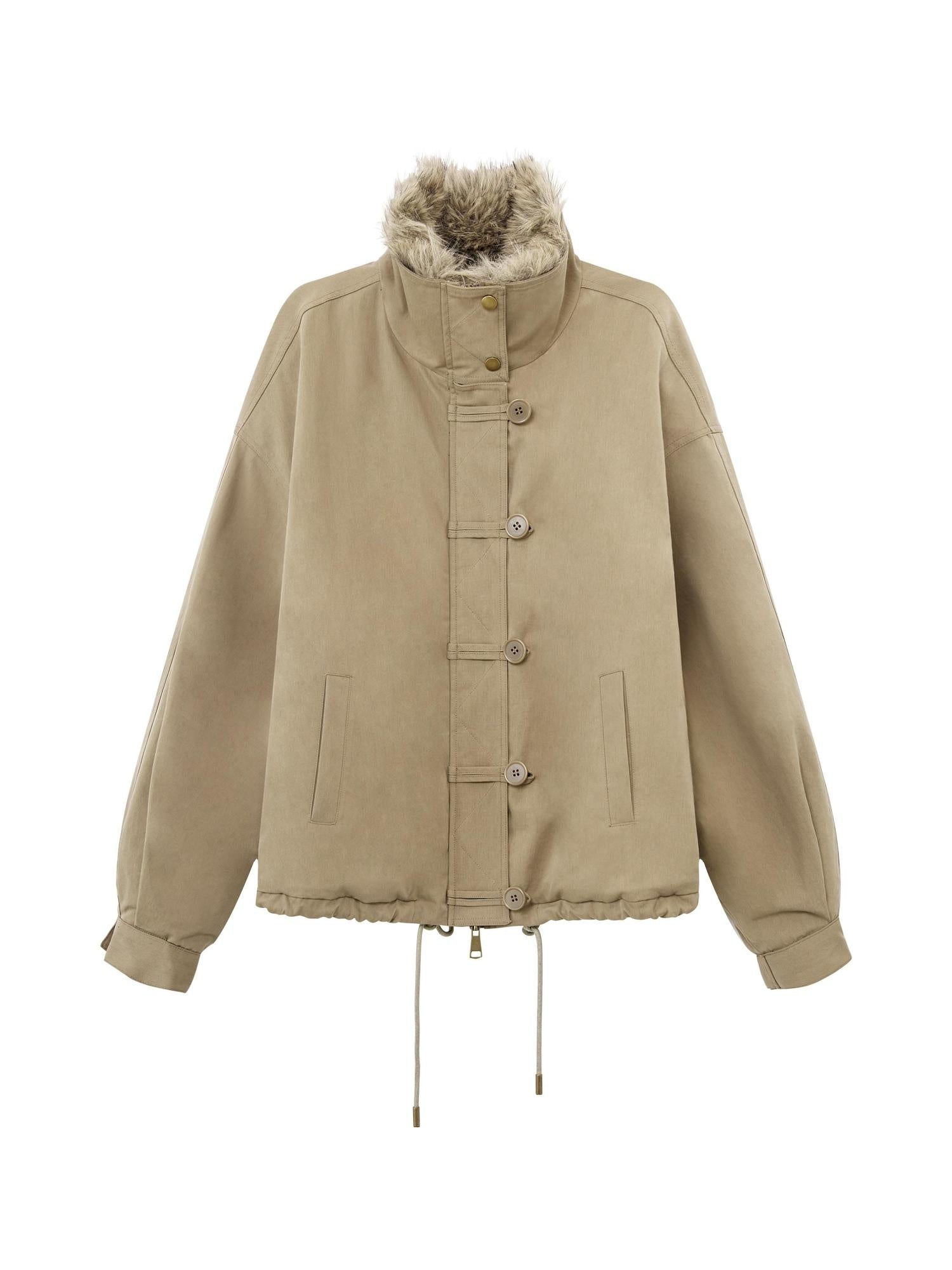 RUN TO THE FUTURE Thick Cotton Fill Fur Collar Loose Fit Commuter Solid Zip Puffer Jackets