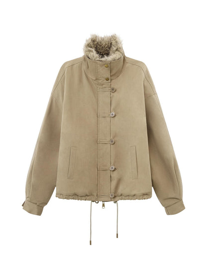 RUN TO THE FUTURE Thick Cotton Fill Fur Collar Loose Fit Commuter Solid Zip Puffer Jackets