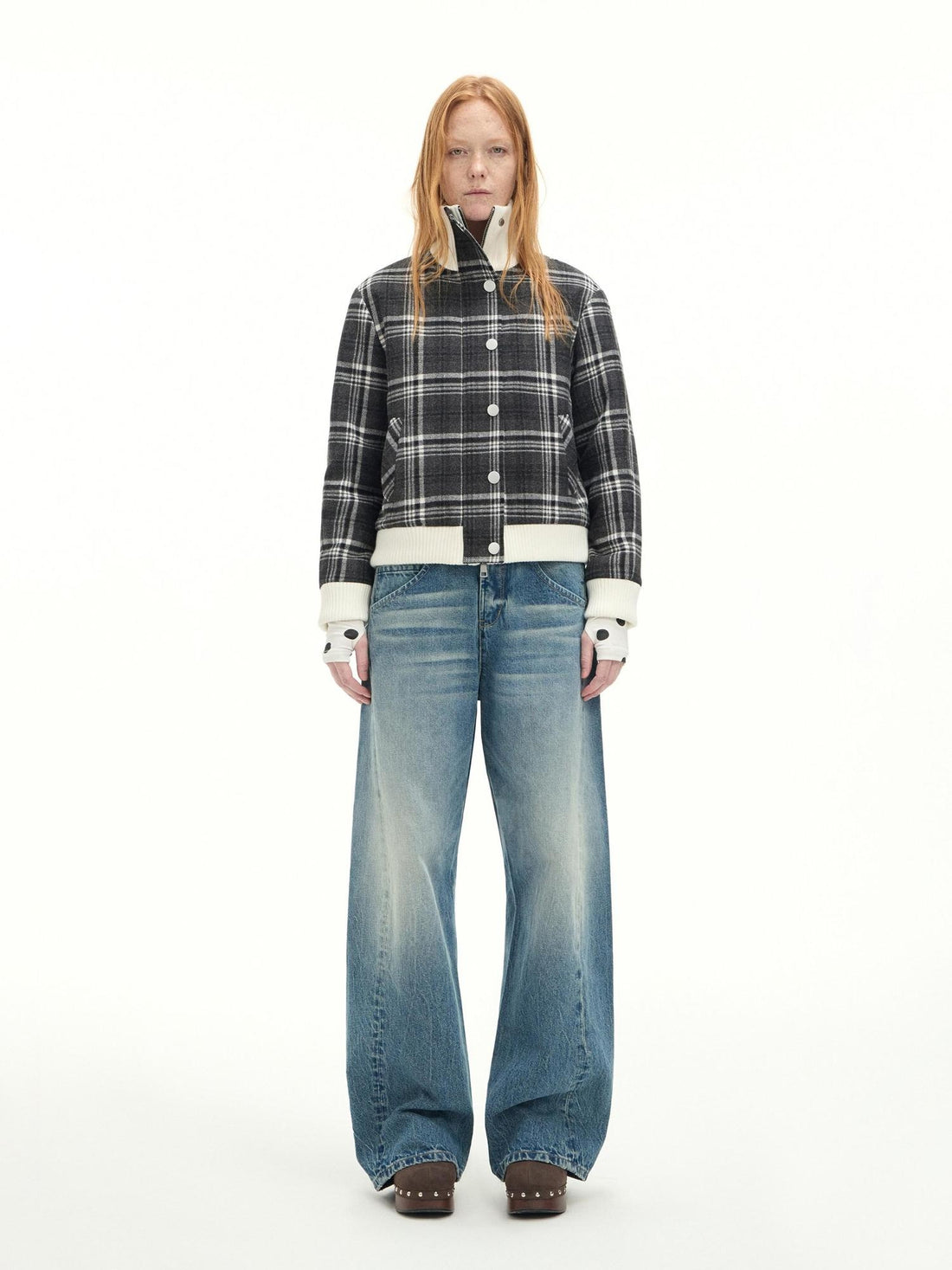 RUN TO THE FUTURE Washed Cotton Casual Natural Waist Topstitch Women Denim Blue Wide-Leg Jeans