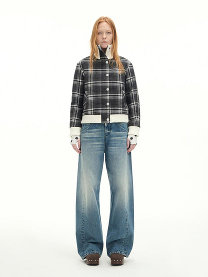 RUN TO THE FUTURE Washed Cotton Casual Natural Waist Topstitch Women Denim Blue Wide-Leg Jeans
