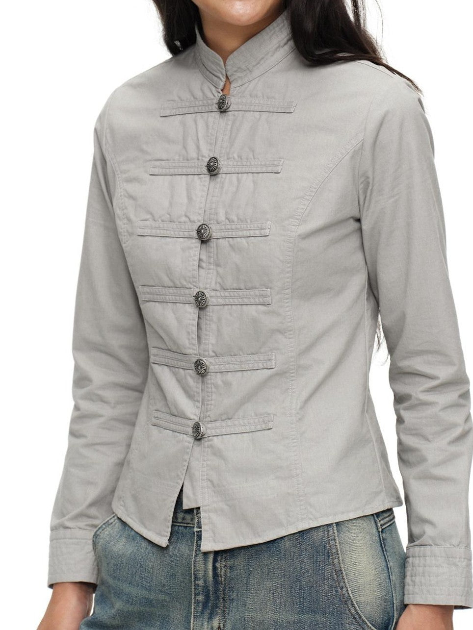 oinimi Star Gray Washed Napoleon Button Stand Collar Fitted Waist Women&