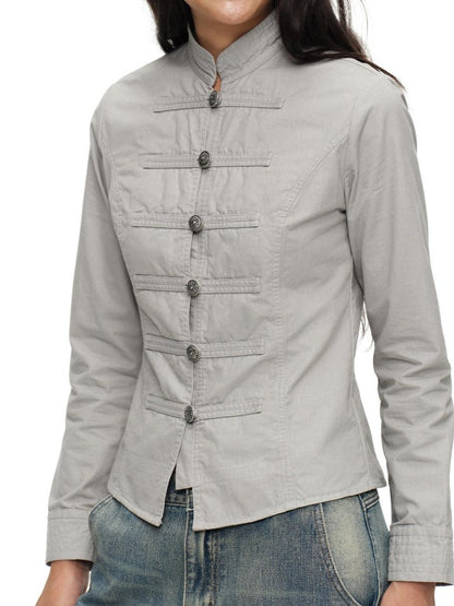 oinimi Star Gray Washed Napoleon Button Stand Collar Fitted Waist Women&
