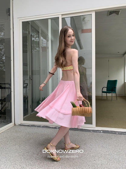 DKZ OFFICIAL Pink Ribbed Elastic Waist Asymmetric A Line Women&