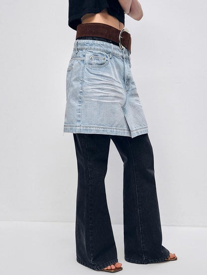 RUN TO THE FUTURE High Stretch Slim Fit Natural Waist Zipper Everyday Blue Black Denim Flare Jeans