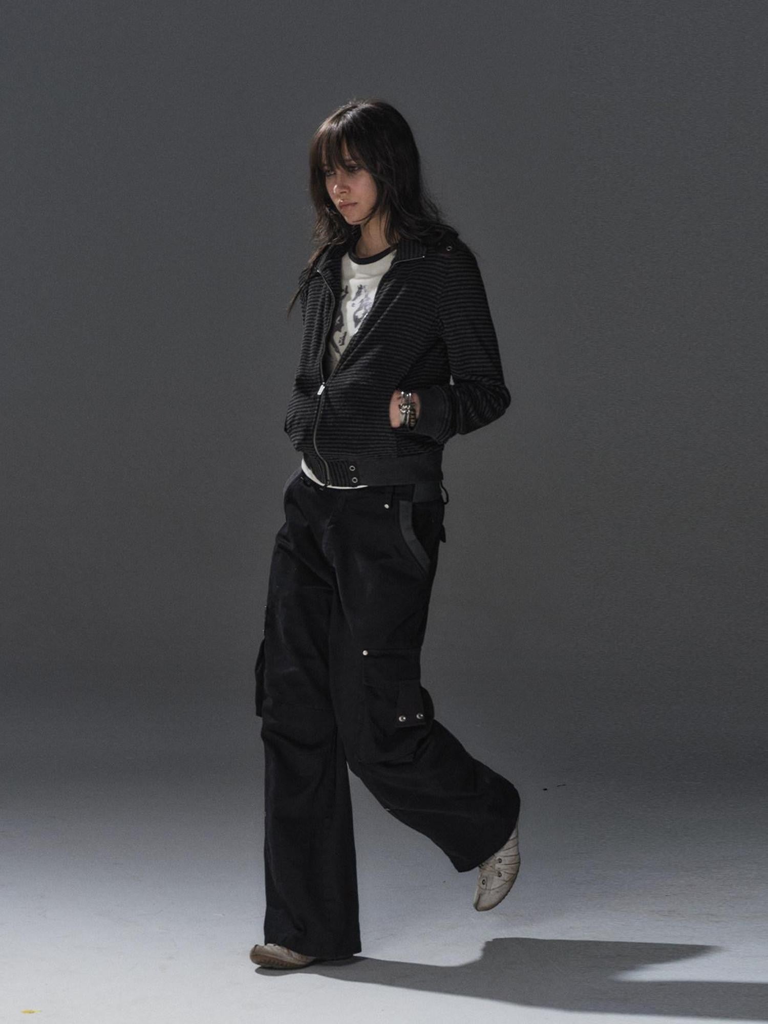 wear And tear Black Gray Striped Eyelet Tape Splice Punk Women&