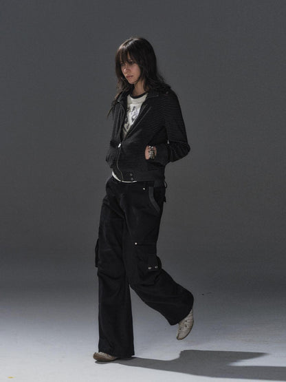 wear And tear Black Gray Striped Eyelet Tape Splice Punk Women&