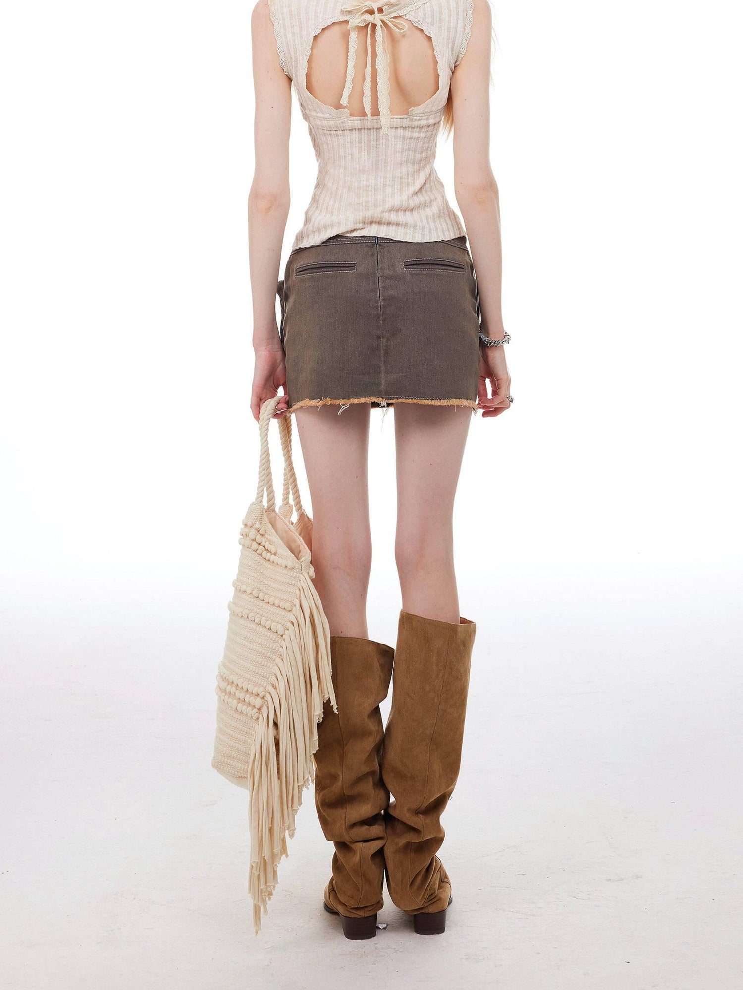 The NeverMore Lace Tie Patchwork Slim Crop Cotton Blend Casual Beige Solid Tank Camisoles