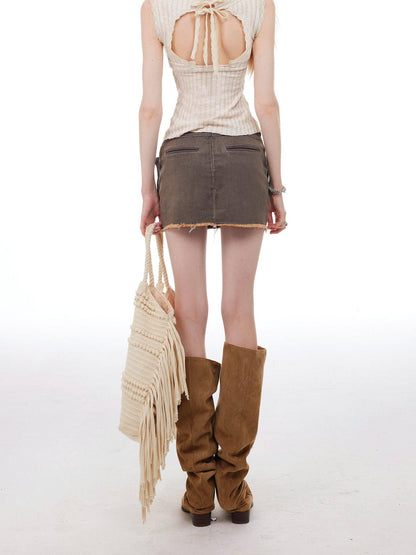 The NeverMore Lace Tie Patchwork Slim Crop Cotton Blend Casual Beige Solid Tank Camisoles