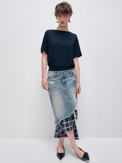 RUN TO THE FUTURE Vintage Patchwork Distressed Low Waist Slim A Line Denim Women Midi Skirts
