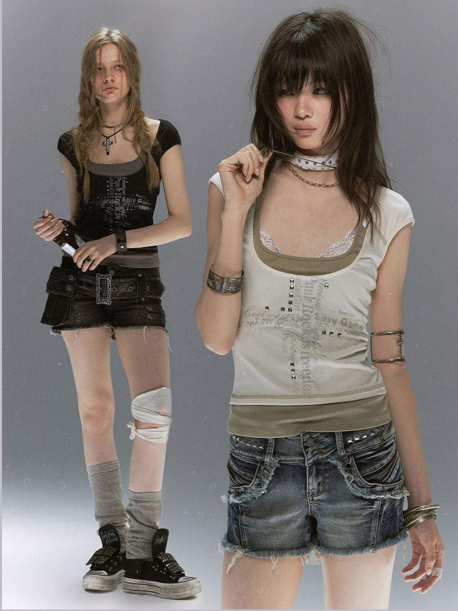 Cest Nous Colorblock Faux Layered Silver Foil Cross Graffiti Women&