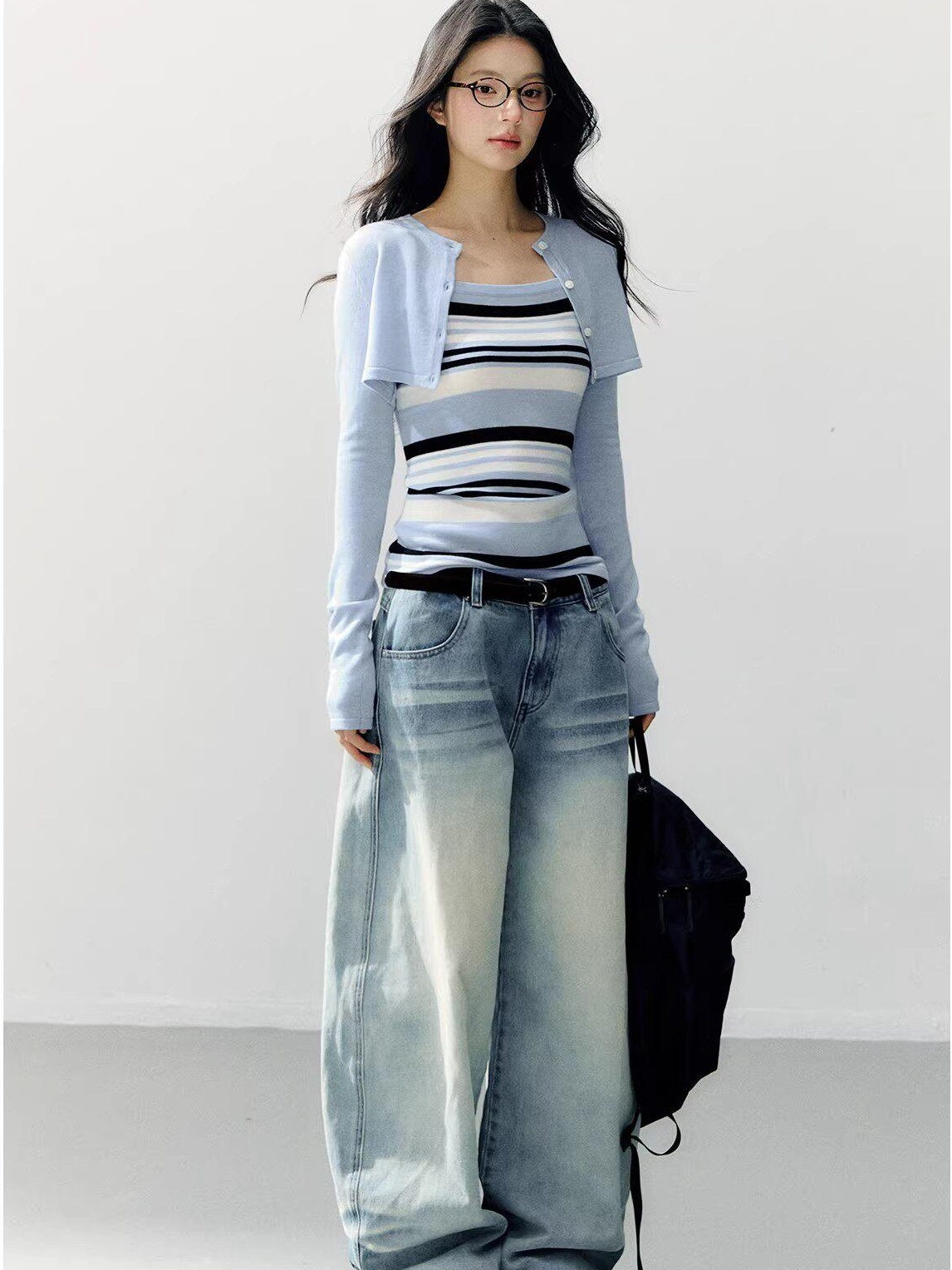 7Shiftin Breathable Striped Two Piece Cardigan Pullover Women Casual Long Sleeve T-Shirts