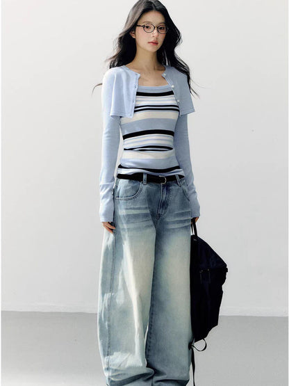 7Shiftin Breathable Striped Two Piece Cardigan Pullover Women Casual Long Sleeve T-Shirts